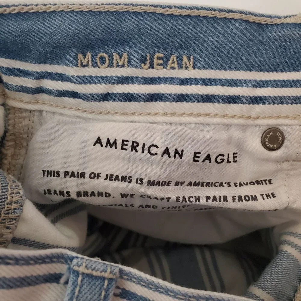 American Eagle 00 Mom Jeans High‎ Rise Blue White Striped Denim Preppy Coastal